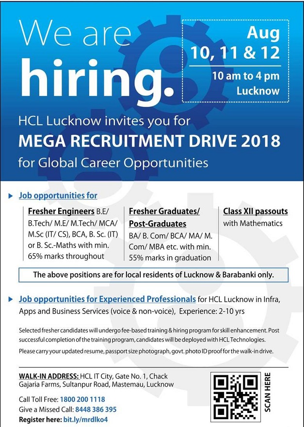 MEGA Recruitment Drive 2018 200 Jobs in HCL, Lucknow Barabanki
