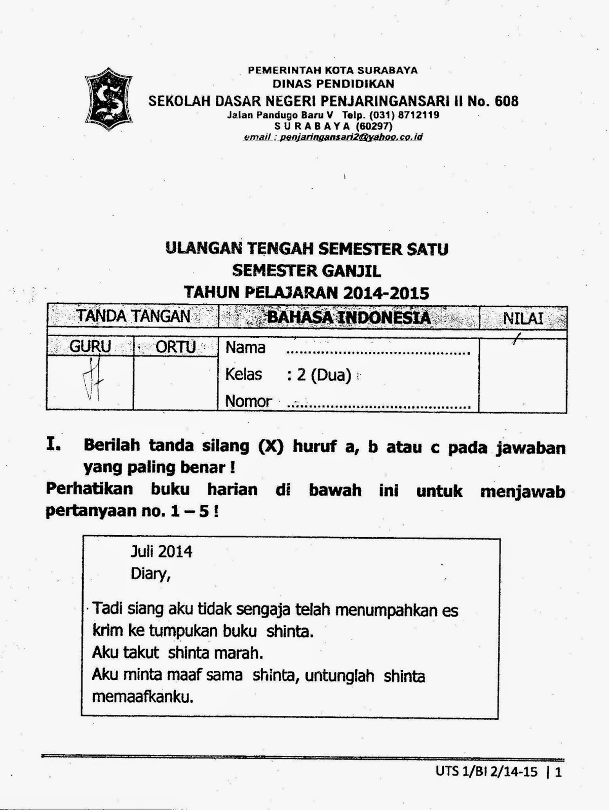 UTS ke 1 Bhs Indonesia Kelas 2 TA2014 2015 Kurikulum 2013