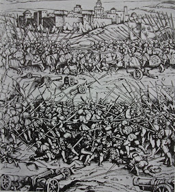The chaos of the Battle of Ravenna depicted in a  15th century woodcut