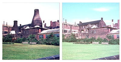 Longton Taken from Normacot Road, towards Chelson Street with St. James Church to the left out of view Two bottle ovens quickly disappear. Not the one with the Cross in glazed bricks on the stack in deference to the church
