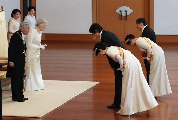 Crown Princess Masako (wearing the Pearl Sunburst Tiara and the Order of the Precious Crown. Princess Kiko wearing her Wedding Tiara