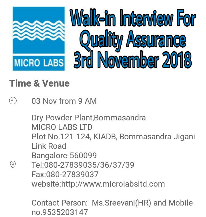 Micro Labs WalkIn Interview For QA 3rd November 2018 Bangalore
