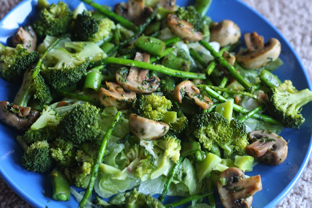 sauteed mushroom, broccoli and asparagus salad