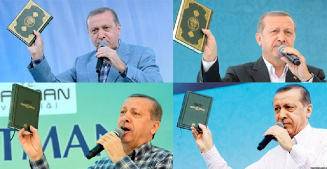 Erdogan pidato sambil mengangkat mushaf dalam beberapa kesempatan