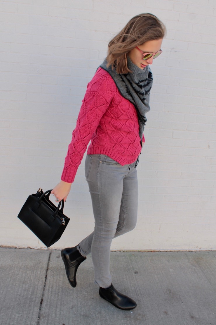 black and gray shawl, pink sweater and gray jeans #ootd #fashion