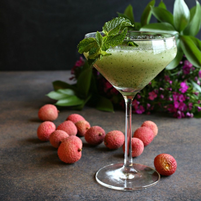 Recipe for a rum based cocktail flavored with fresh lychees, mint and elderflower.