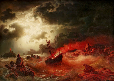 Il quadro di Marcus Larson raffigura l'alba sul mare con una barca che va a fuoco