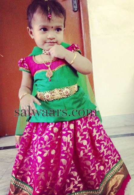 Baby in Pink and Green Lehenga - Indian Dresses