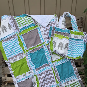 Matching Rag Quilt and Diaper Bag with Elephants blue, gray, green, for baby boy blanket