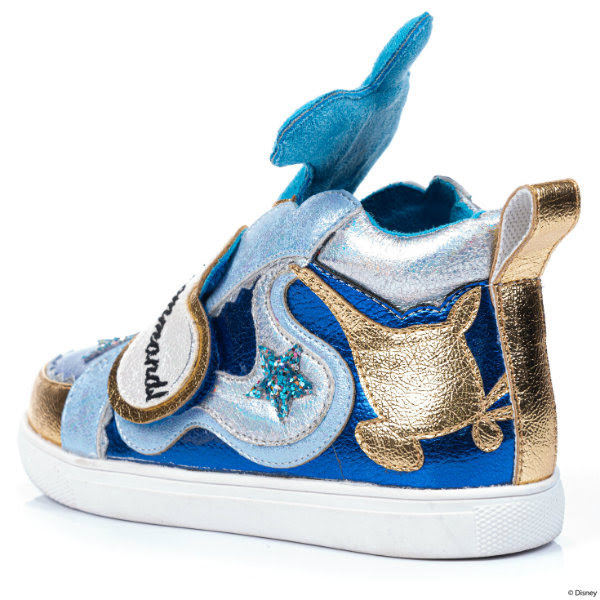 Irregular Choice Disney Geniebopper back side view of metallic trainers with gold magic lamp applique