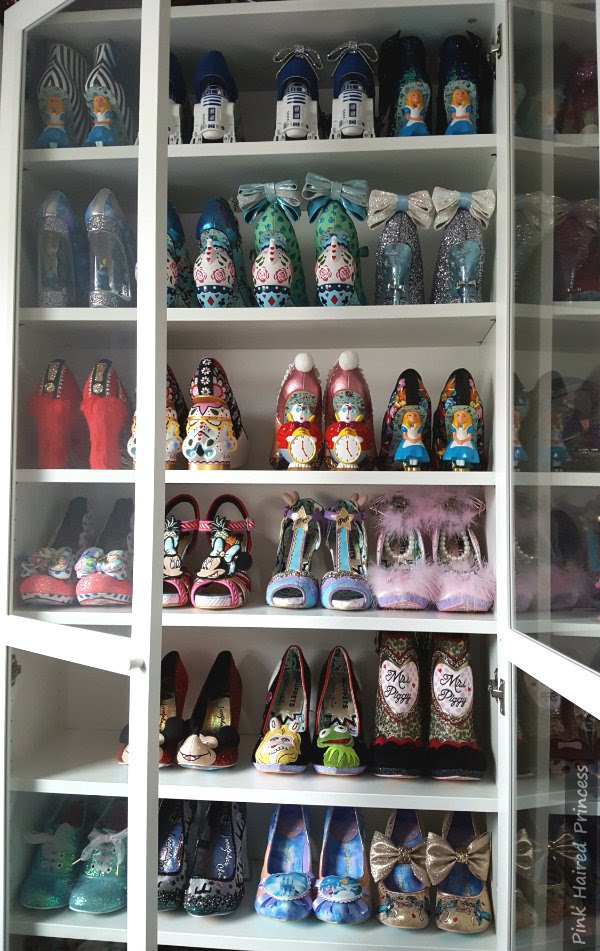 Irregular Choice Disney shoes collection Ikea Billy bookcase with rows of Irregular Choice Disney shoes inside