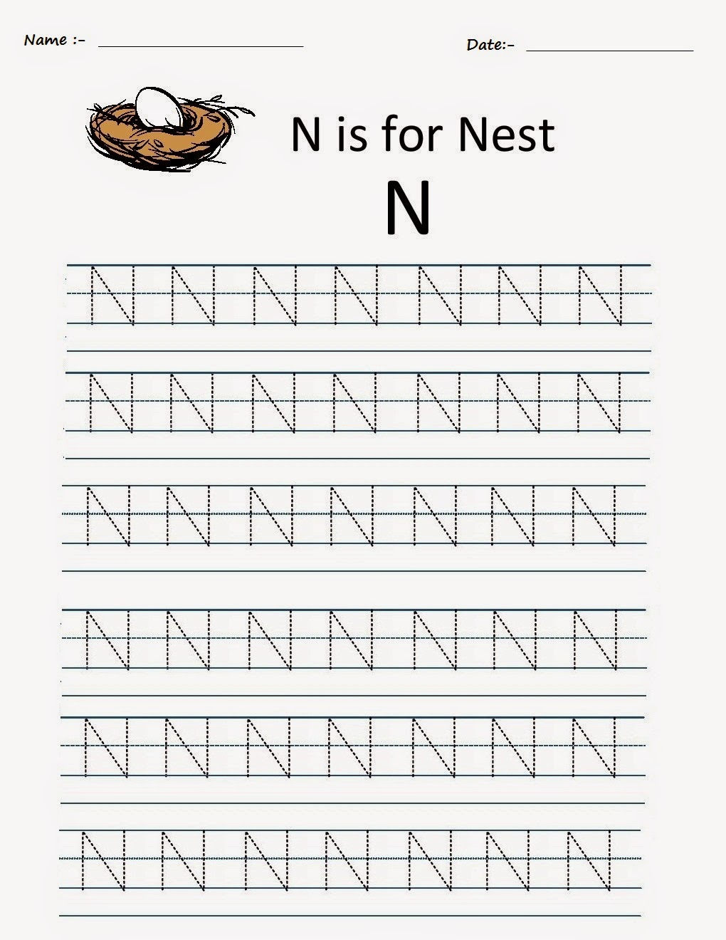 Kindergarten Worksheets: Printable Tracing Worksheets - Alphabet N