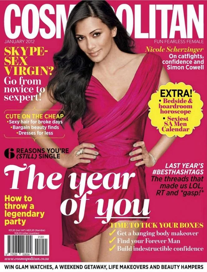 Nicole Scherzinger in pink for the cover of Cosmopolitan South Africa, January 2012