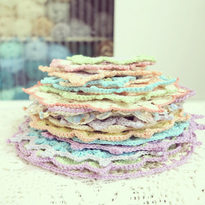 ByHaafner, crocheted doilies, pastel, crochet, stack, yarn, craftroom