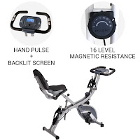 PLENY recumbent position, image. 3 in-1 exercise bike with LCD console, pulse heart-rate sensors in handlebars, 16 resistance levels with simple turn-knob