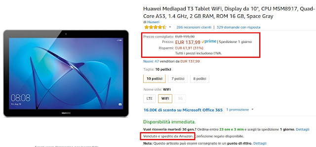 Super offerta: Huawei MediaPad T3 10 Wifi a 137 euro venduto e spedito da Amazon