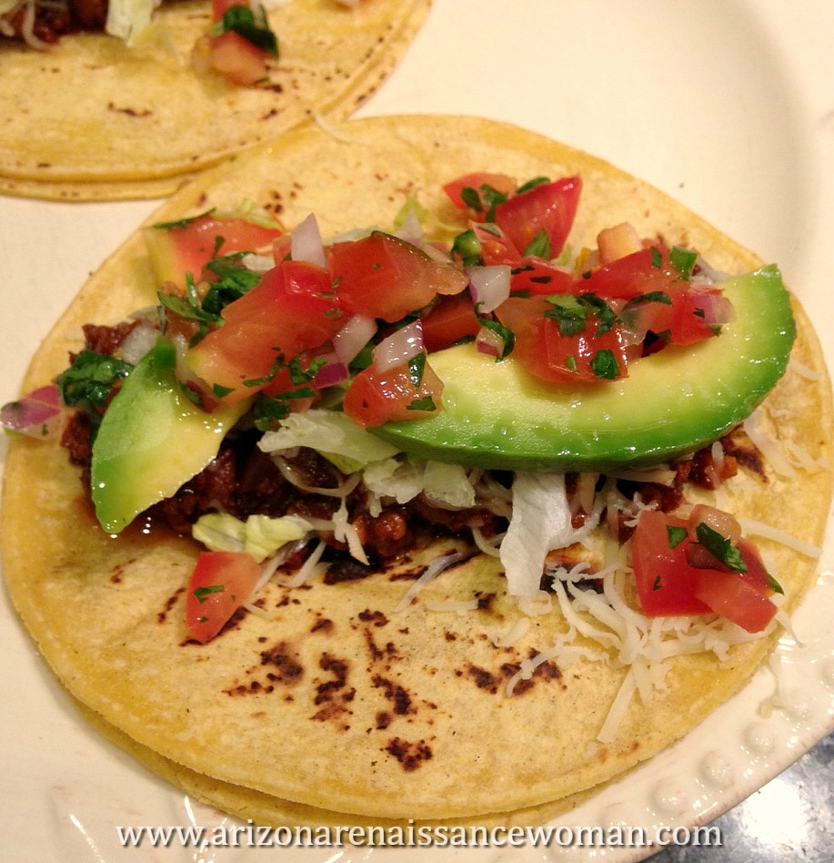 Arizona Renaissance Woman 66. Ground Beef Tacos with Tangelo Adobo Sauce, Pico de Gallo, and