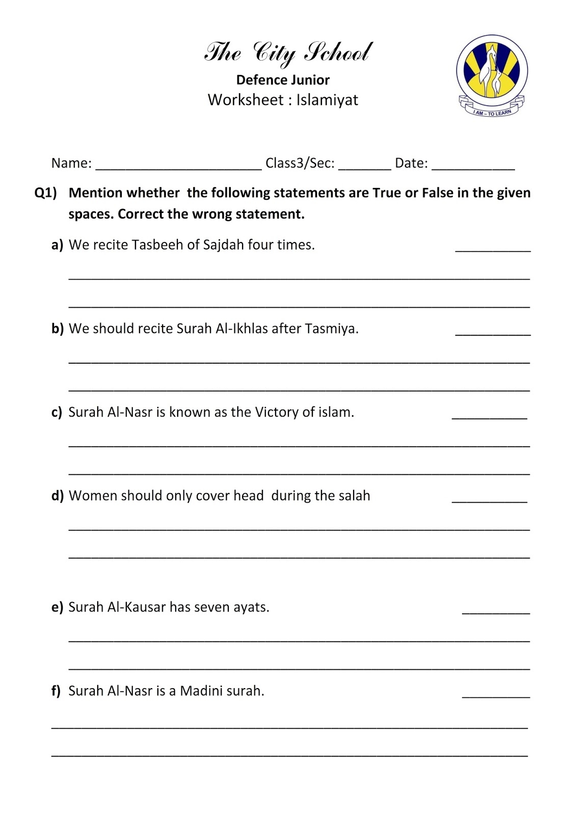 The City School ( Defence Junior ) : Islamiyat Blog Worksheet No. 10