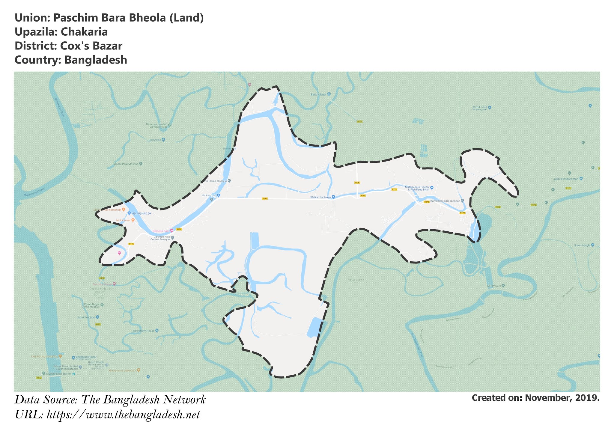 Map of Paschim Bara Bheola of Cox's Bazar, Bangladesh.