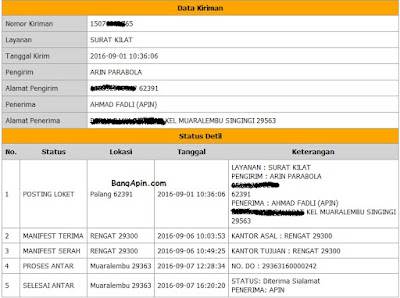 status resi untuk yang menggunakan jasa pengiriman dengan kurir POS