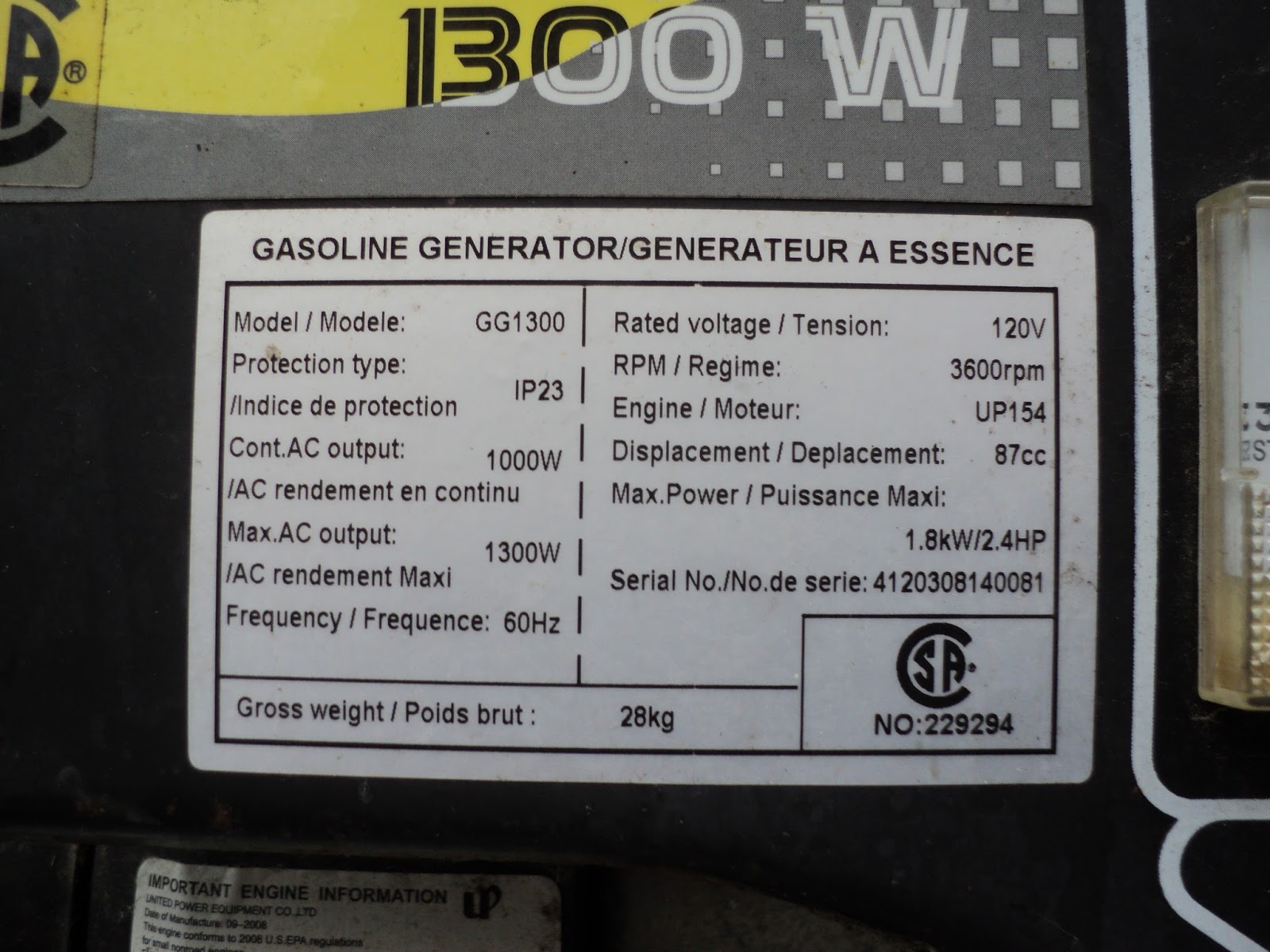 United Power GG1300 1300W Generator - 23HE