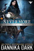 Nevermore book cover, a beautiful woman with one blue eye and one brown leaning against a motorcycle, the headlamp shining on her relaxed hand. A raven is propped on the handlebars, blue fog surrounds her