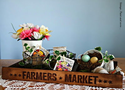 Vintage Spring Centerpiece diy'd from a pallet tray, stenciling and stain