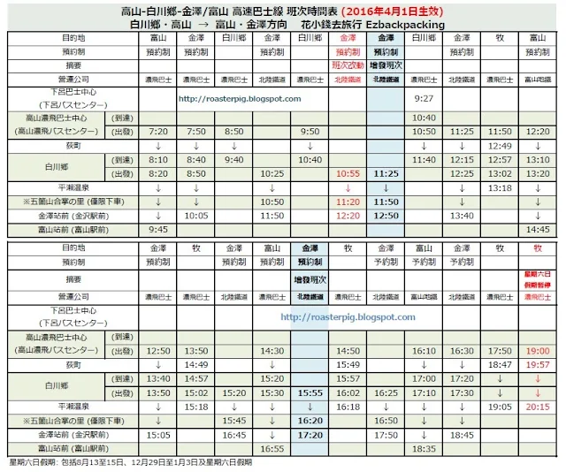 高山-白川鄉-金澤/富山 高速巴士線 班次時間表 (2016年4月1日生效) 花小錢去旅行