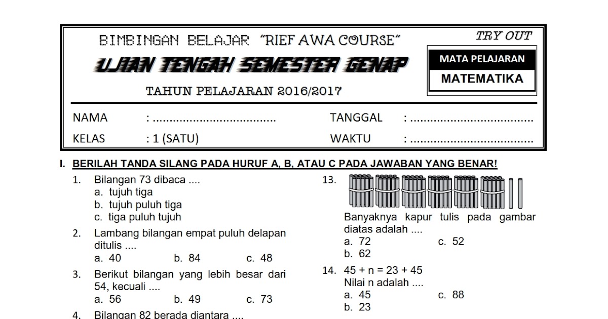 Soal Try Out Sd Kelas Pelajaran Matematika  Download Komplit Soal Try Out Sd Kelas Pelajaran Matematika Download Komplit