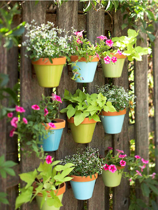 vertical and colorful clay pot garden