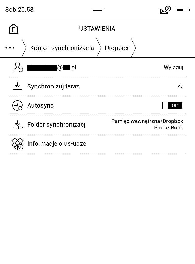 PocketBook Aqua 2 – ustawienia Dropboxa