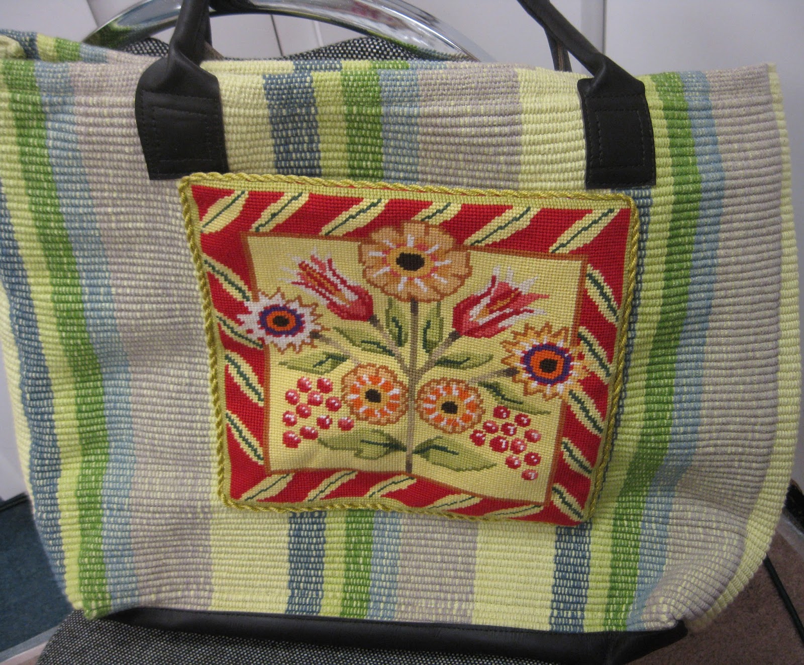 Needle Nicely Needlepoint pockets on tote bags