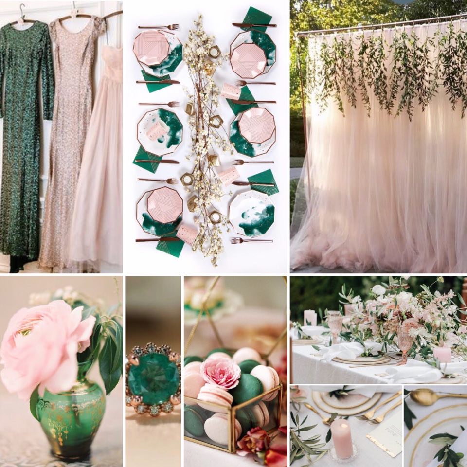emerald and blush moodboard with wedding detials and inspiration