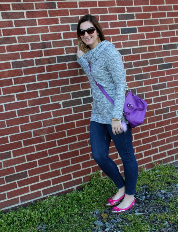 girly girl, gray tunic, pops of color