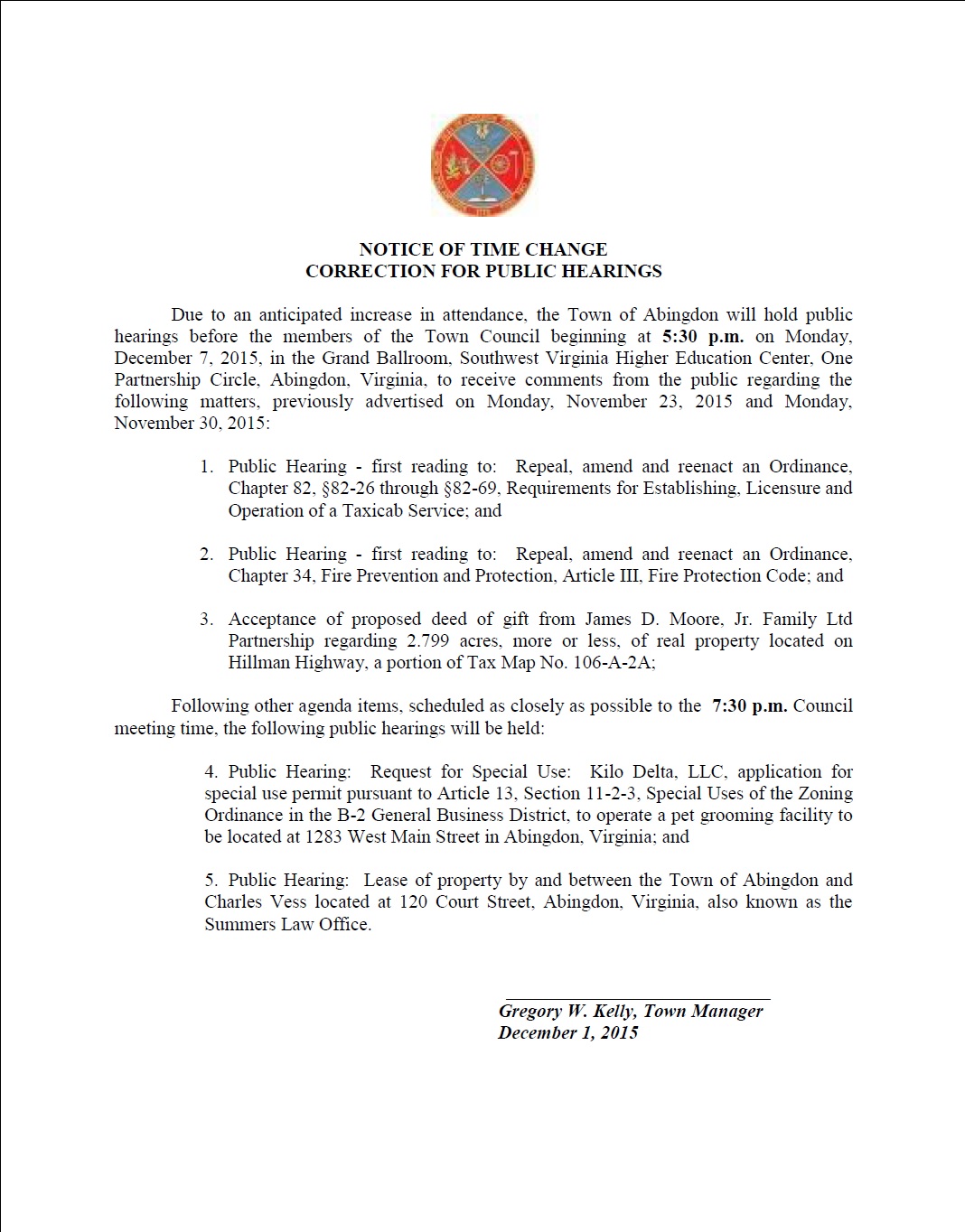 Town of Abingdon, Virginia NOTICE OF TIME CHANGE CORRECTION FOR