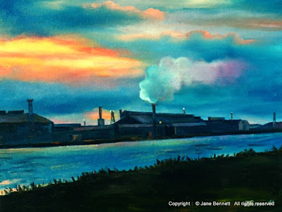 plein air oil painting of  BHP steelworks Kooragang Island by industrial heritage artist Jane Bennett