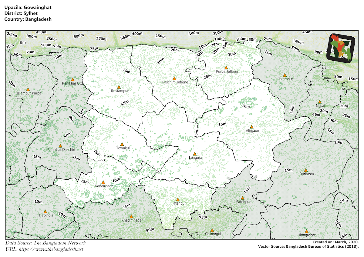 Gowainghat Upazila Elevation Map Sylhet District Bangladesh