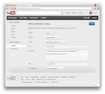 YouTube Default video settings