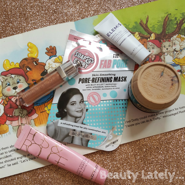 Beauty Lately...beauty products review selection of skincare and makeup products on glitter background