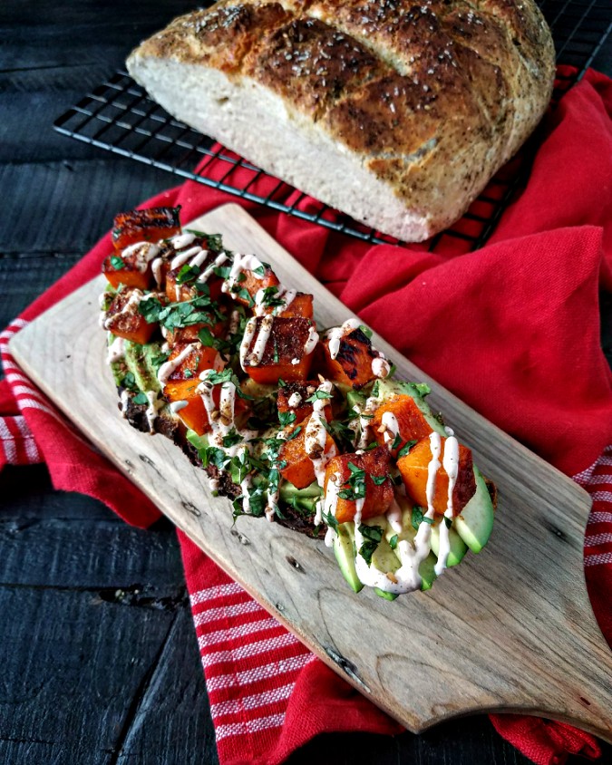 Mango & Tomato Roasted Butternut Squash & Avocado Toast on Le Creuset