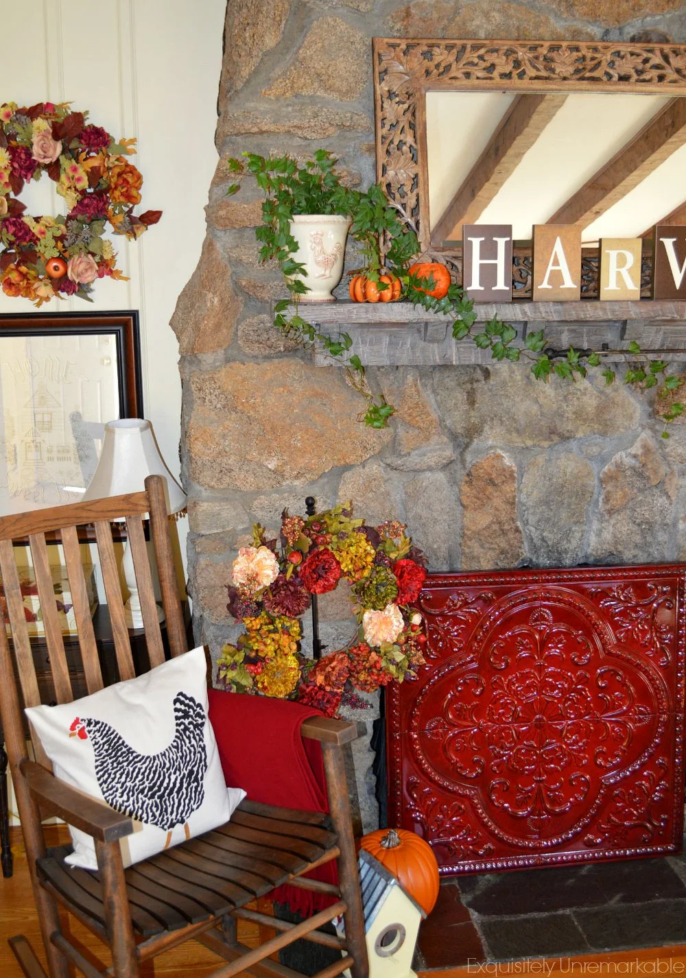 Fall Fireplace with red tin screen over the opening