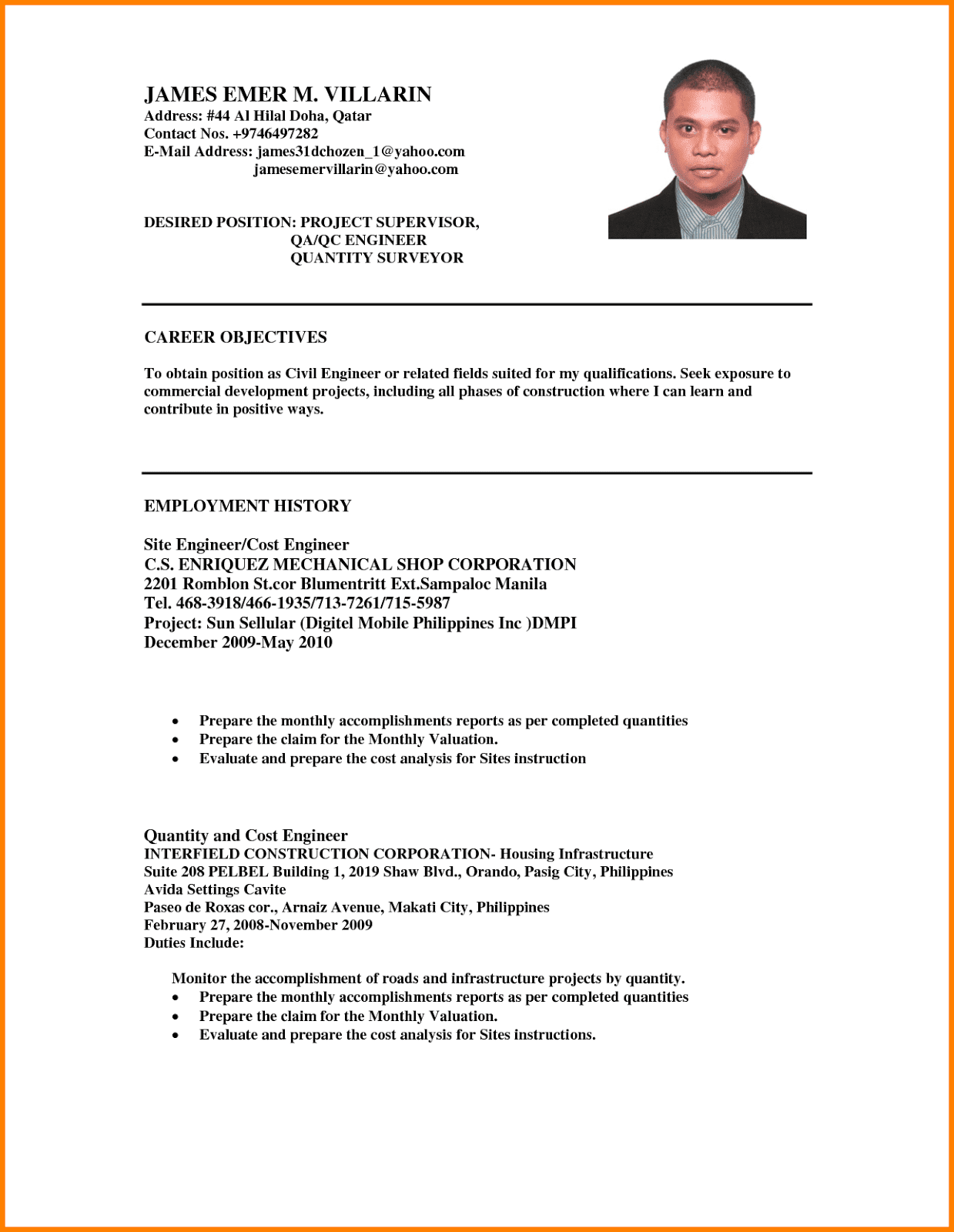 resume format for hm students