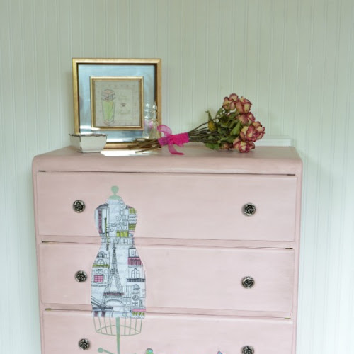 Decoupaged Pink Vintage Waterfall Dresser Makeover