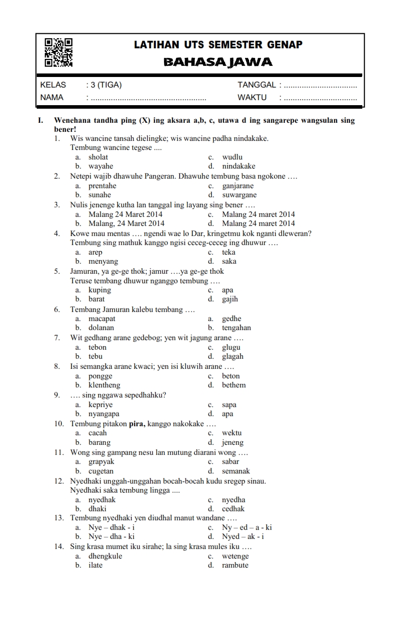 Materi Bahasa Jawa Kelas 1 Sd Semester 2 Kurikulum 2013