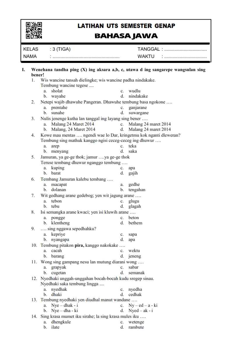Soal Dan Jawaban Uas Bahasa Jawa Kelas 10 Semester 1 Terbaru