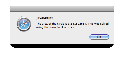 The alert( ) output showing an A = π × r² formula.