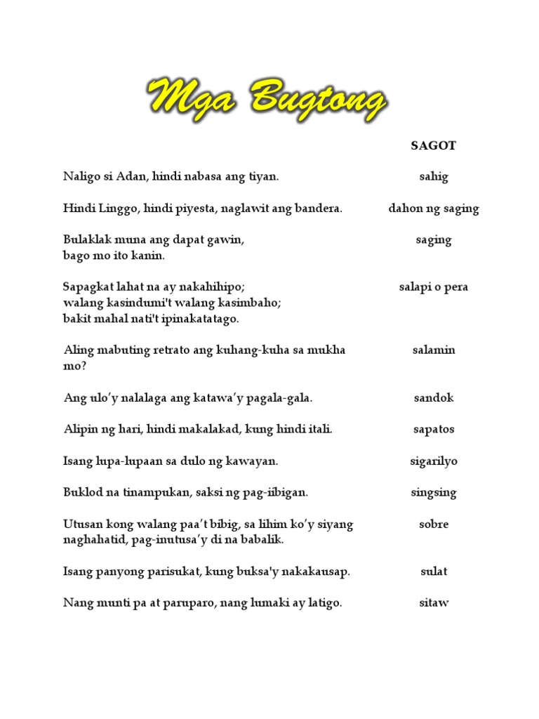 Bugtong Tagalog At Sagot - Hot Bubble
