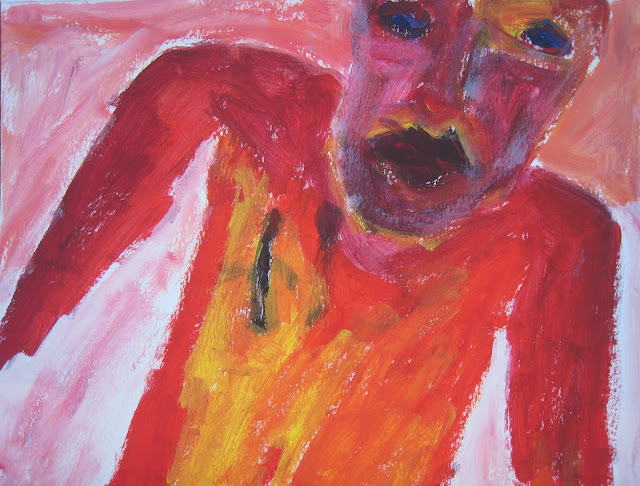 Pintura que muestra a una figura con el torso rojo y naranja de lado, con la cabeza cortada y la mirada azul, obra de Emebezeta