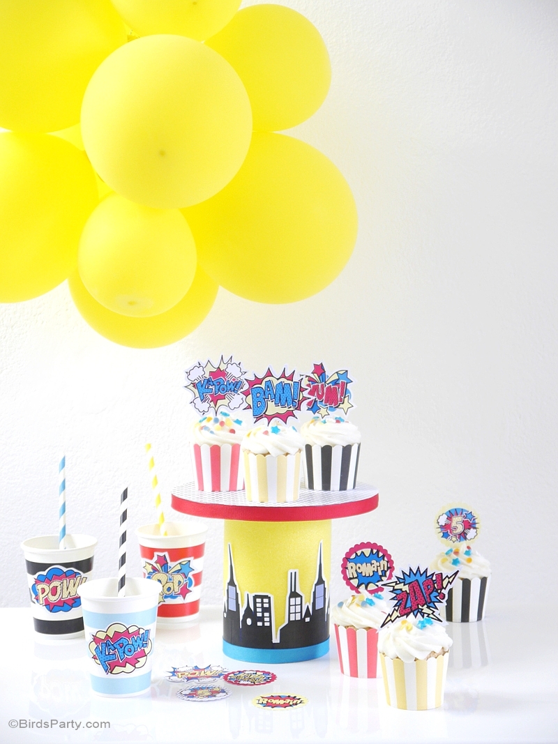 DIY Superhero Birthday Party Cupcake Stand - BirdsParty.com