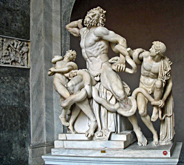 white marble statue of Trojan priest Laocoon and sons